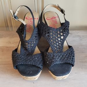 Jellypop Alexia Black Crochet Cork Wedge Sandals Size 9.5M